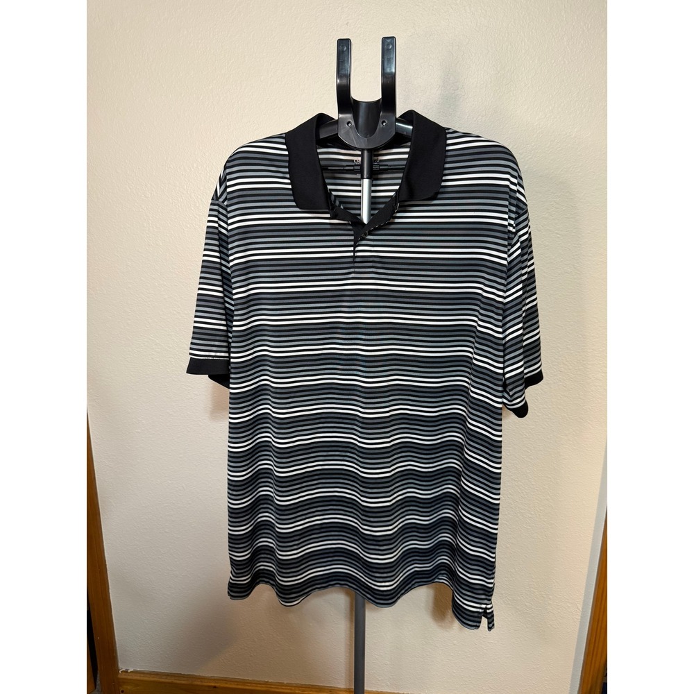 Claiborne Mens 2XLT Striped Polo Shirt Black Grey White Moisture Wicking Tall